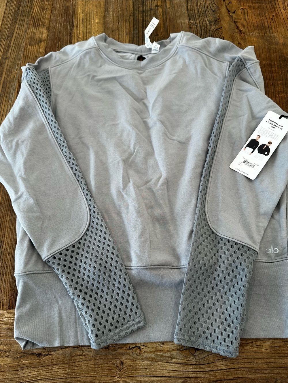 ALO Yoga Light Gray Crewneck Sweatshirt with Mesh Sleeve Accents